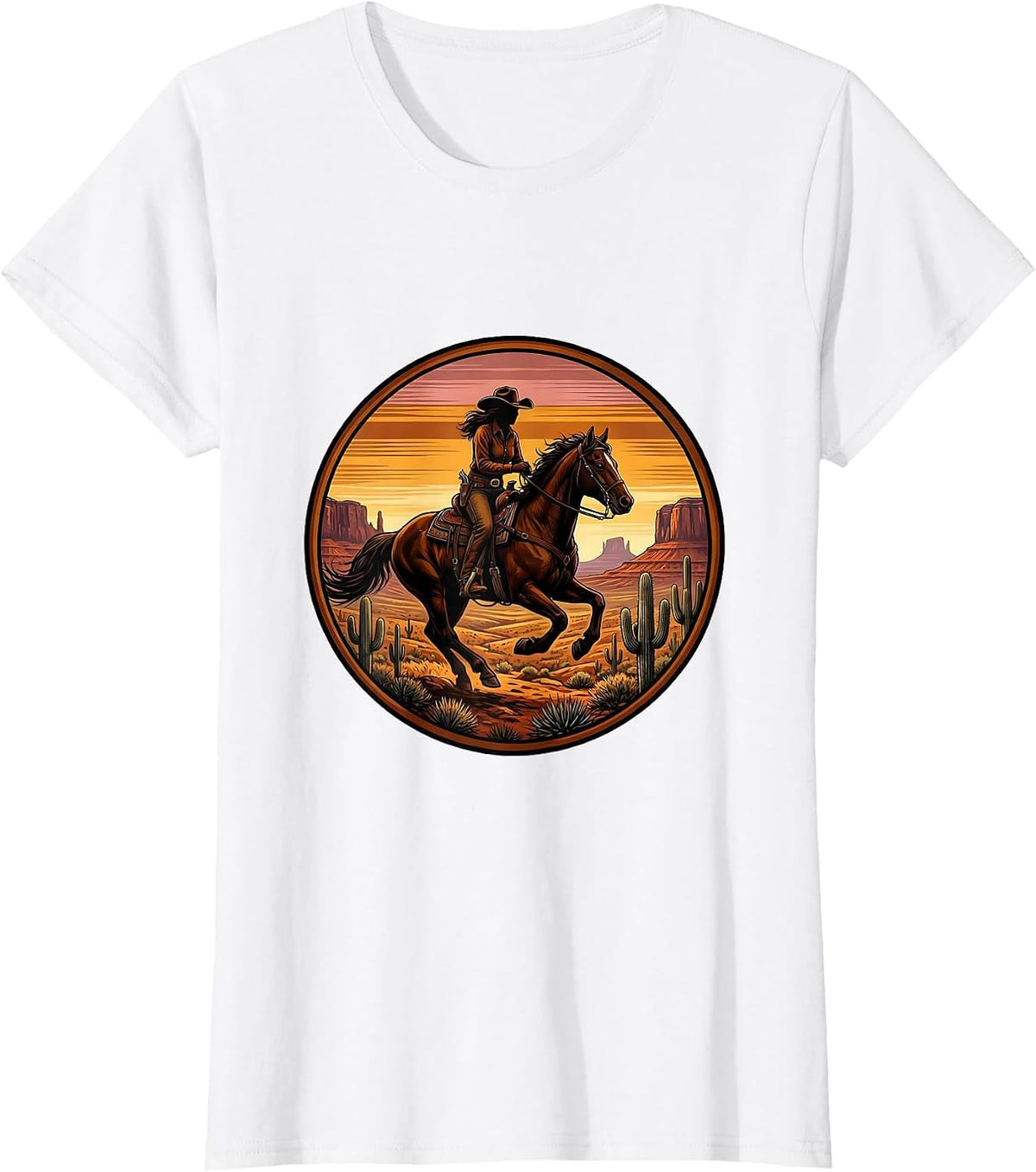 Denim Cowgirl Riding Horse Desert Sunset T-Shirt - White