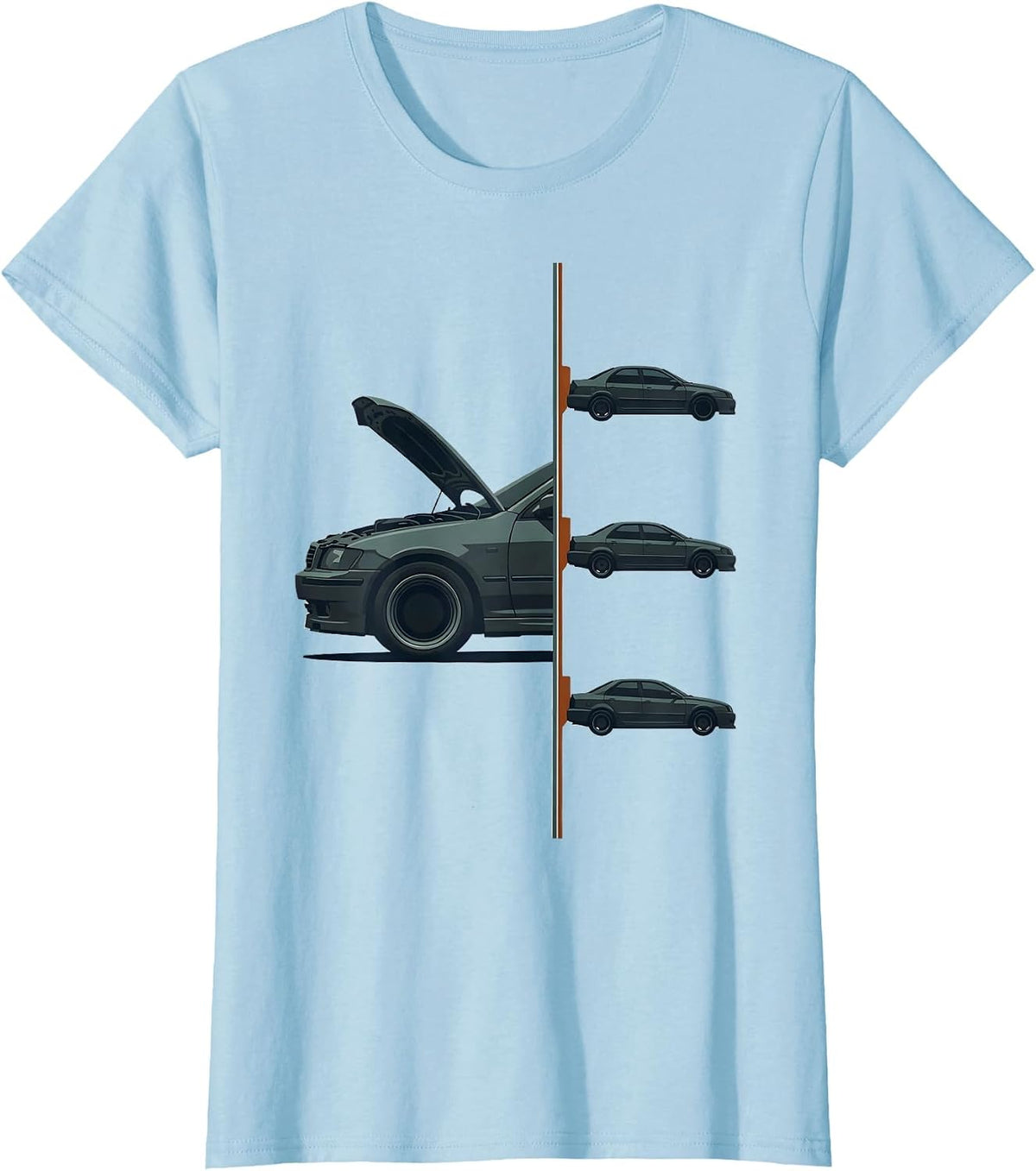 Split Garage Bay Mechanic Car Guy Deadpan Humor T-Shirt - Baby Blue