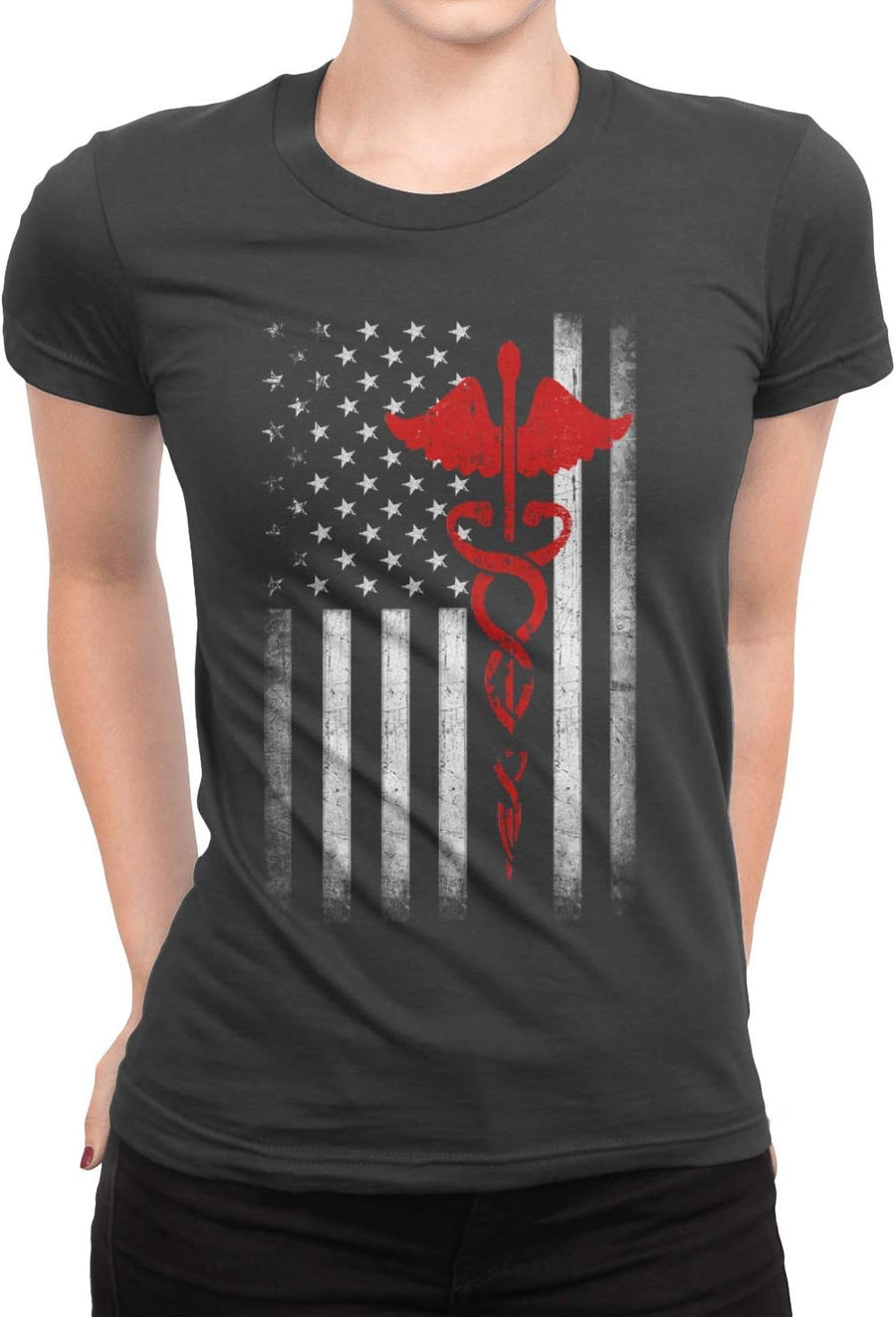 Ladies USA Flag Premium Ringspun Tee EMT Nurses Lives Matter Slim Fit - Dark Heather \/ Slim Fit