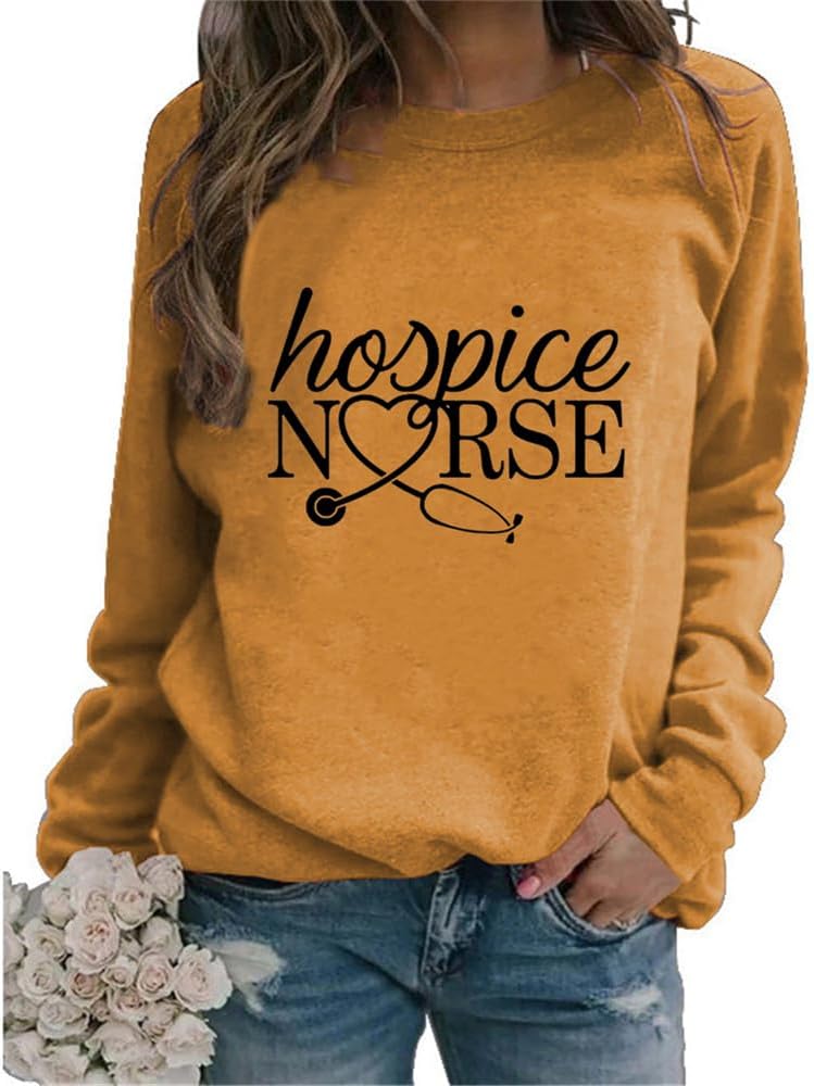 Hospice Nurse Sweatshirt Women Long Sleeve Letter Print Graphic Pullover Top Crew Neck Shirts Gifts Nursing Student - 01