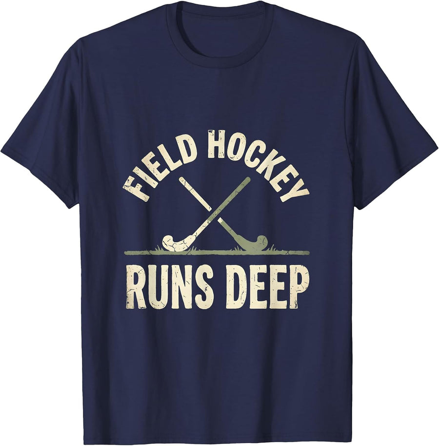 Field Hockey Runs Deep Passionate Player Design T-Shirt - Navy Blue