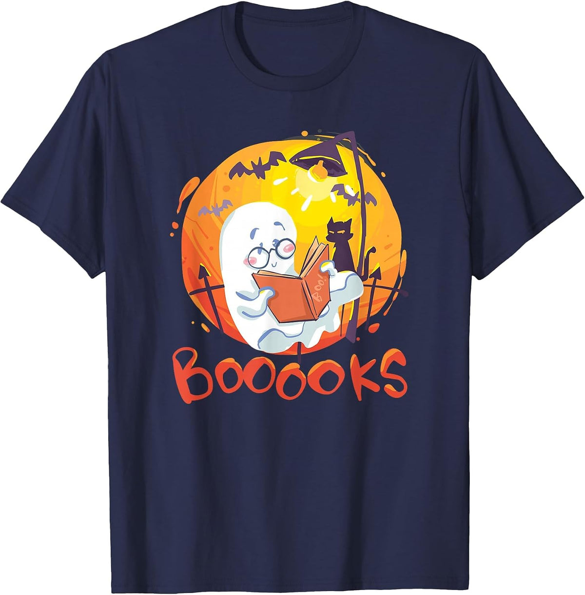 Booooks Ghost Funny Halloween Teacher Book Library Reading T-Shirt - Navy Blue