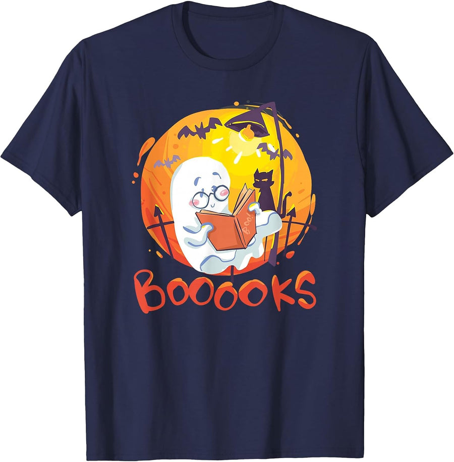 Booooks Ghost Funny Halloween Teacher Book Library Reading T-Shirt - Navy Blue
