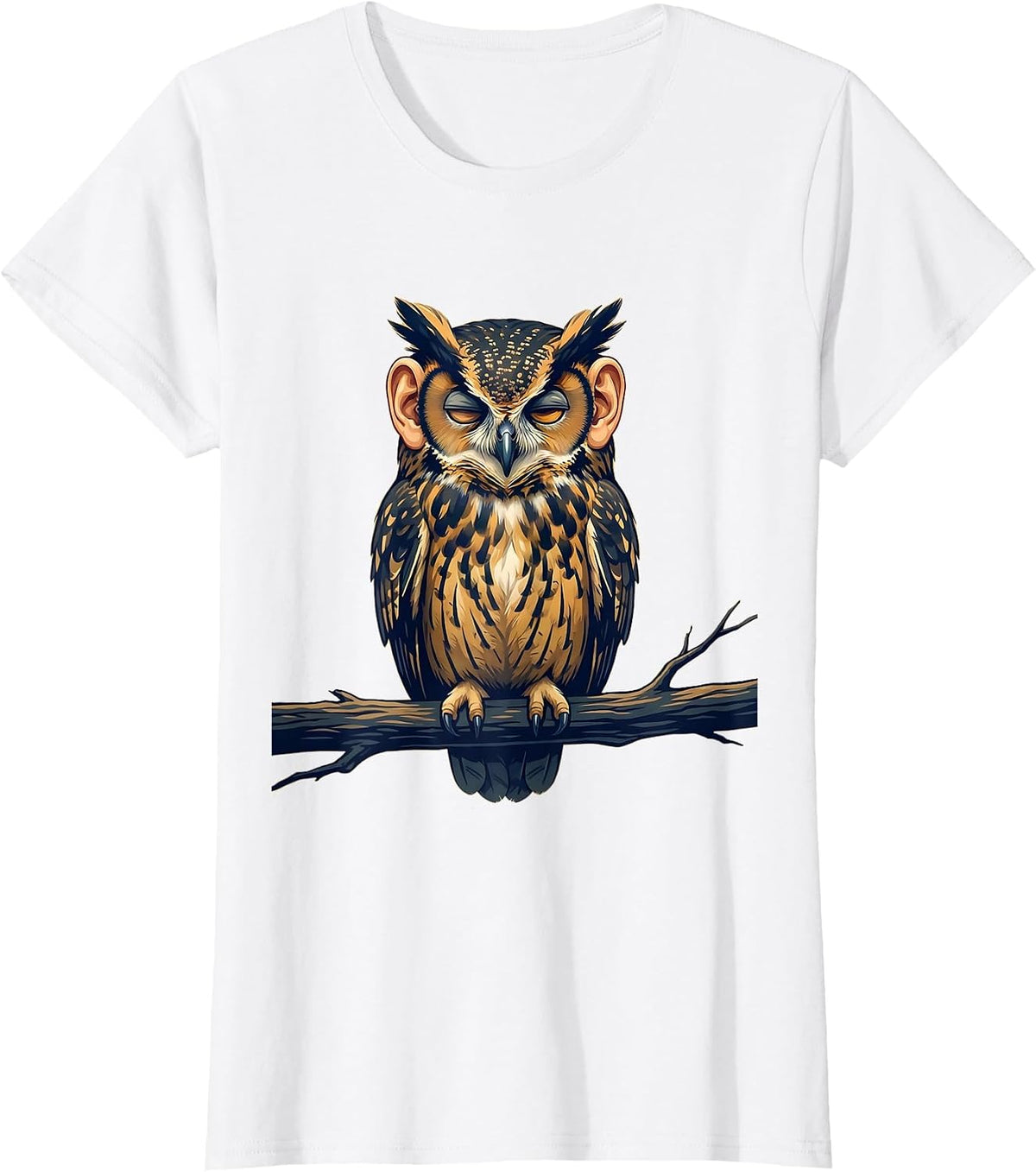 Owl Perched Eyes Wide Shut Graphic Design T-Shirt - White
