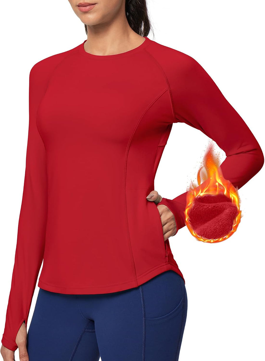 Ewedoos Thermal Shirts for Women Zipper Pocket Fleece Lined Long Sleeve Workout Tops Compression Running Hiking Ski Gear -