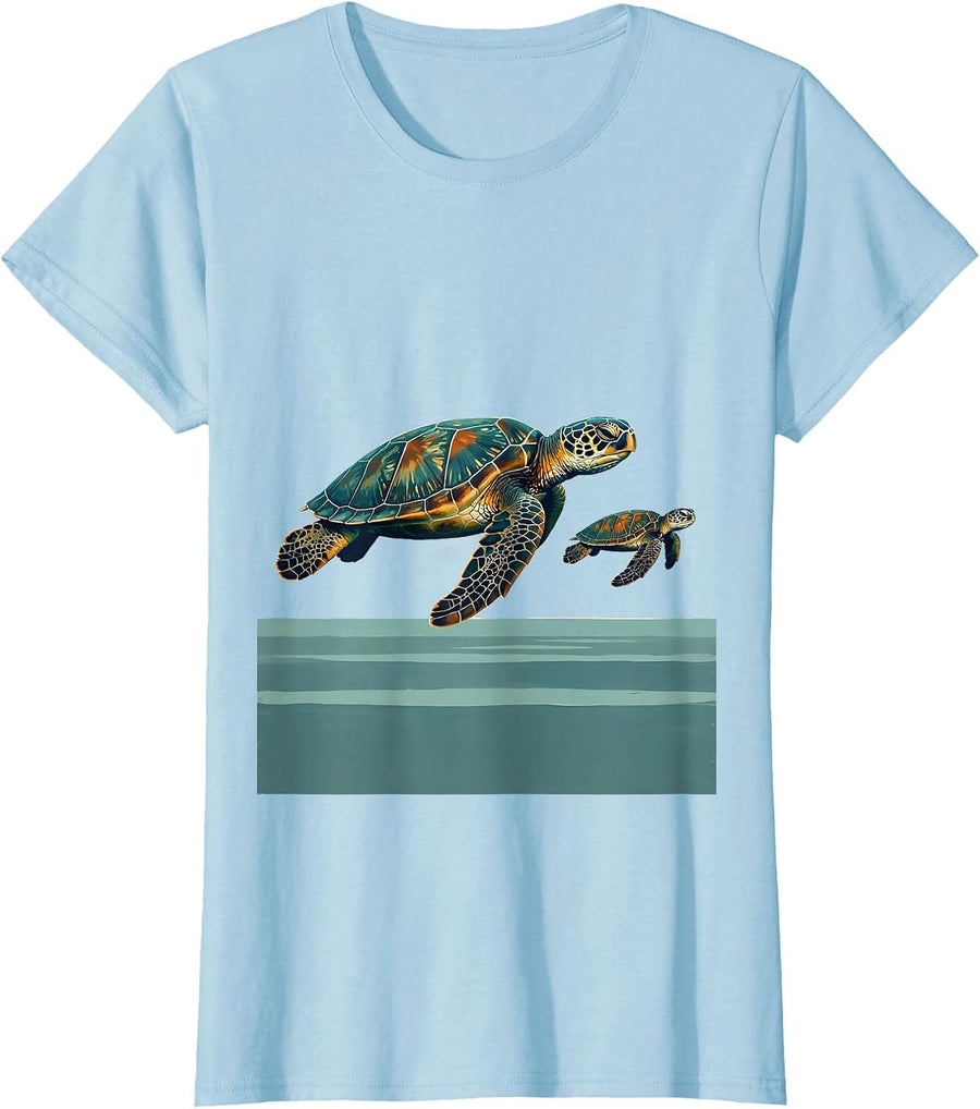 Women's Sea Turtle Family Vacation Souvenir Ocean Animal Artwork T-Shirt - Baby Blue