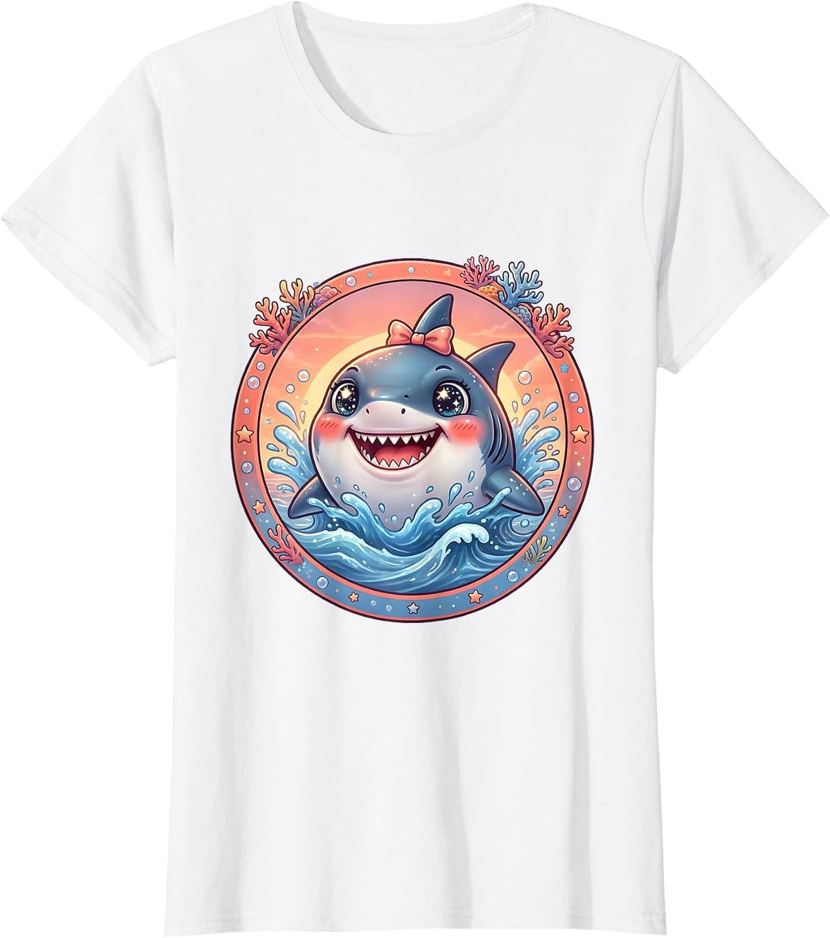 Mommy Shark Ocean Sunset Burst Graphic T-Shirt - White