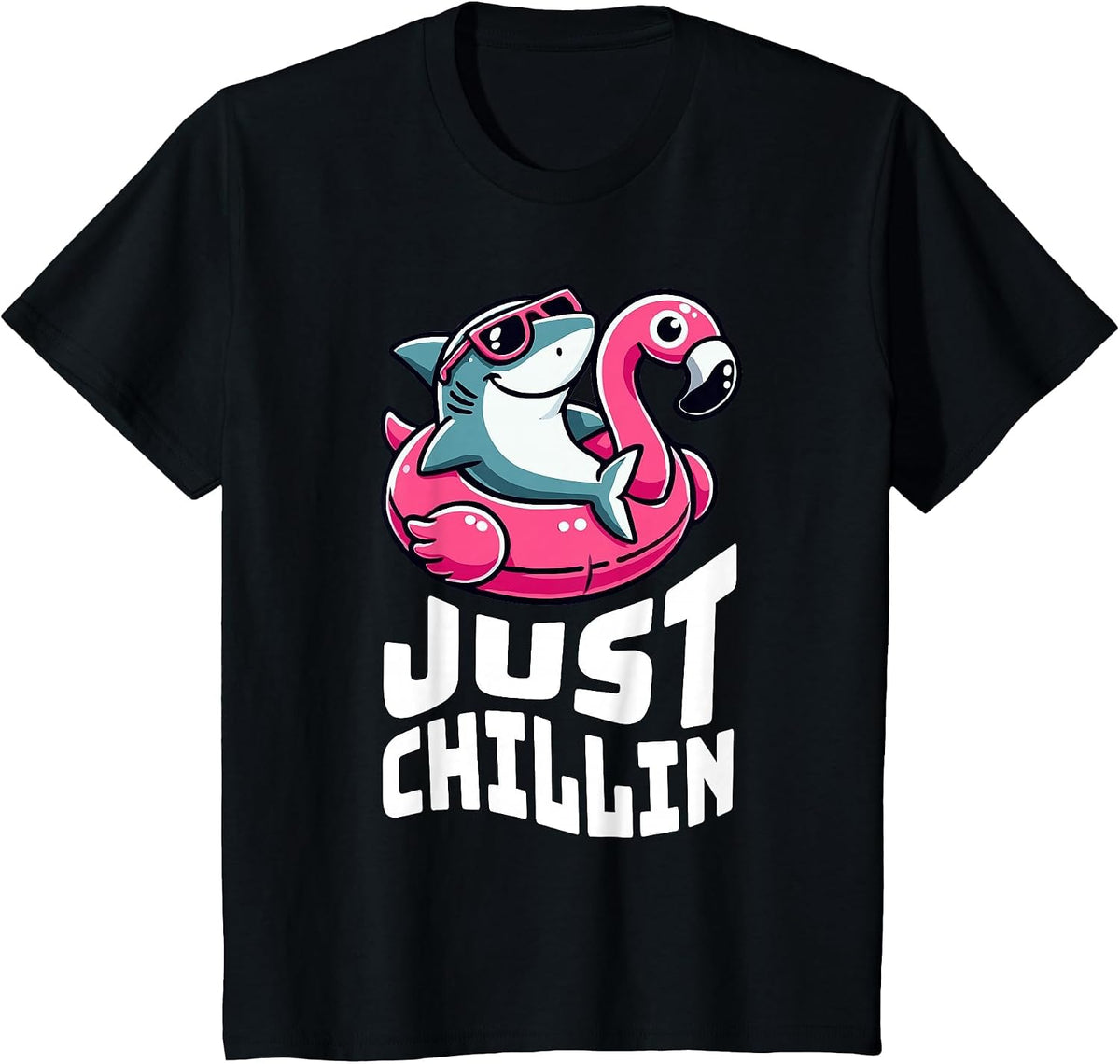 Funny Shark Just Chillin on Flamingo Float T-Shirt - Black