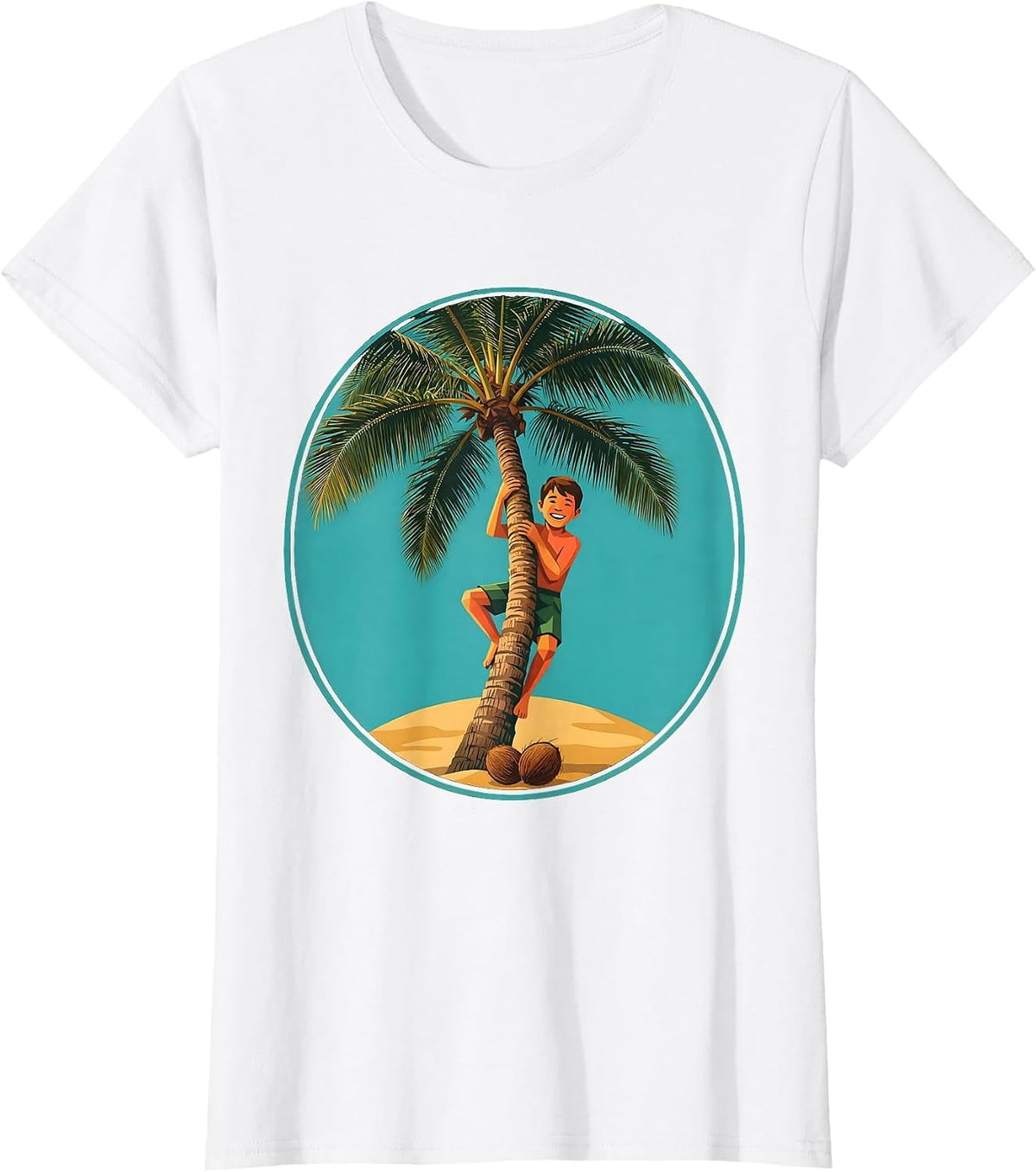 Hawaiian Boy Climbing Palm Tree Graphic T-Shirt - White