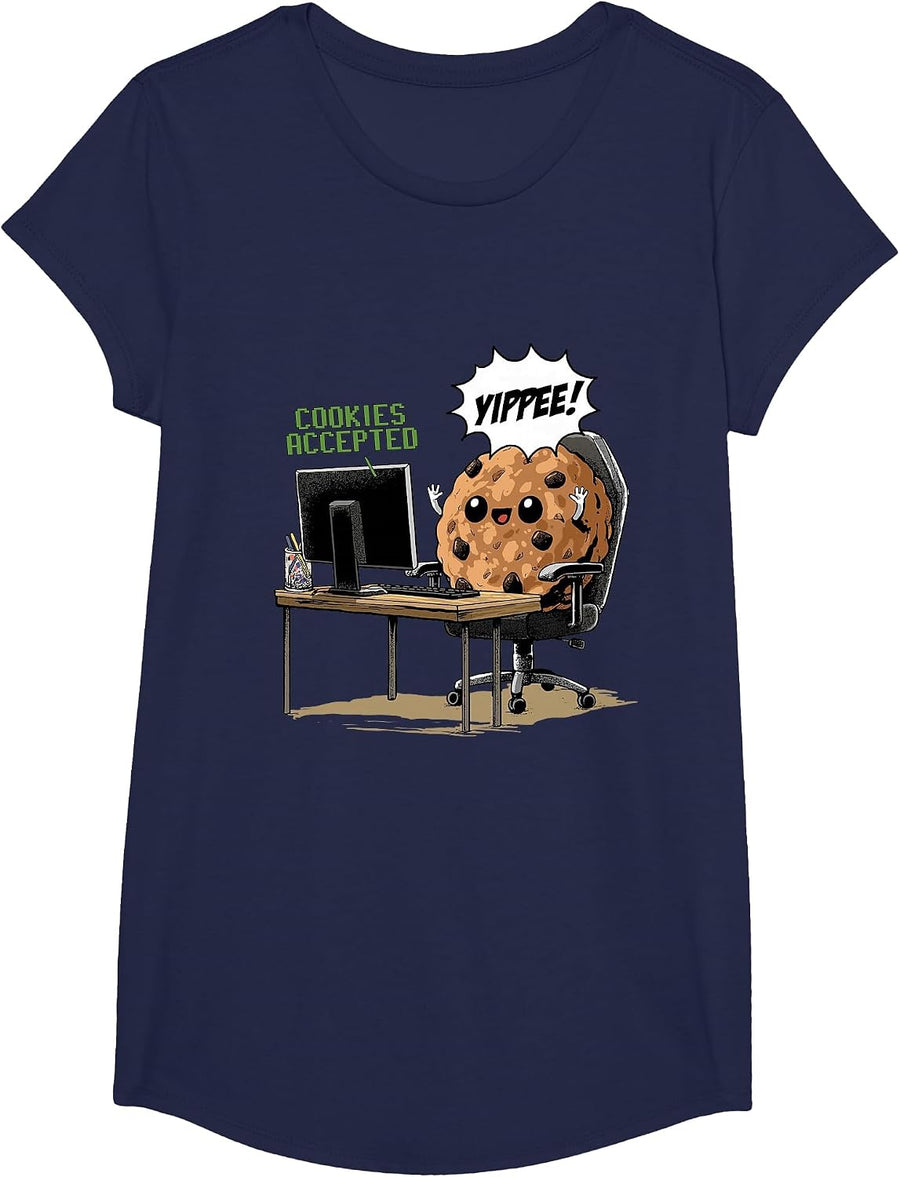 Cookies Accepted Nerd Shirt Funny Computer Internet Coder T-Shirt, Girls, Navy Blue, Medium - As Pictured