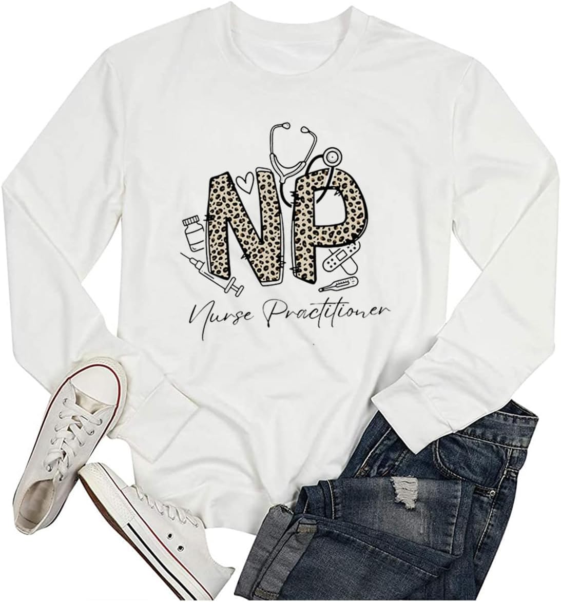 TSIIUO Funny Nurse Practitioner Sweatshirt for Women NP Nurse Life Shirts Leopard Nursing Long Sleeve Pullover Tops - White