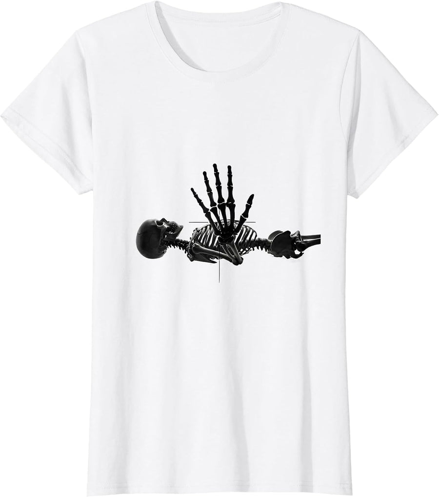 Women's Skeleton Stop Gesture Minimalist Radiology Tech Halloween T-Shirt - White