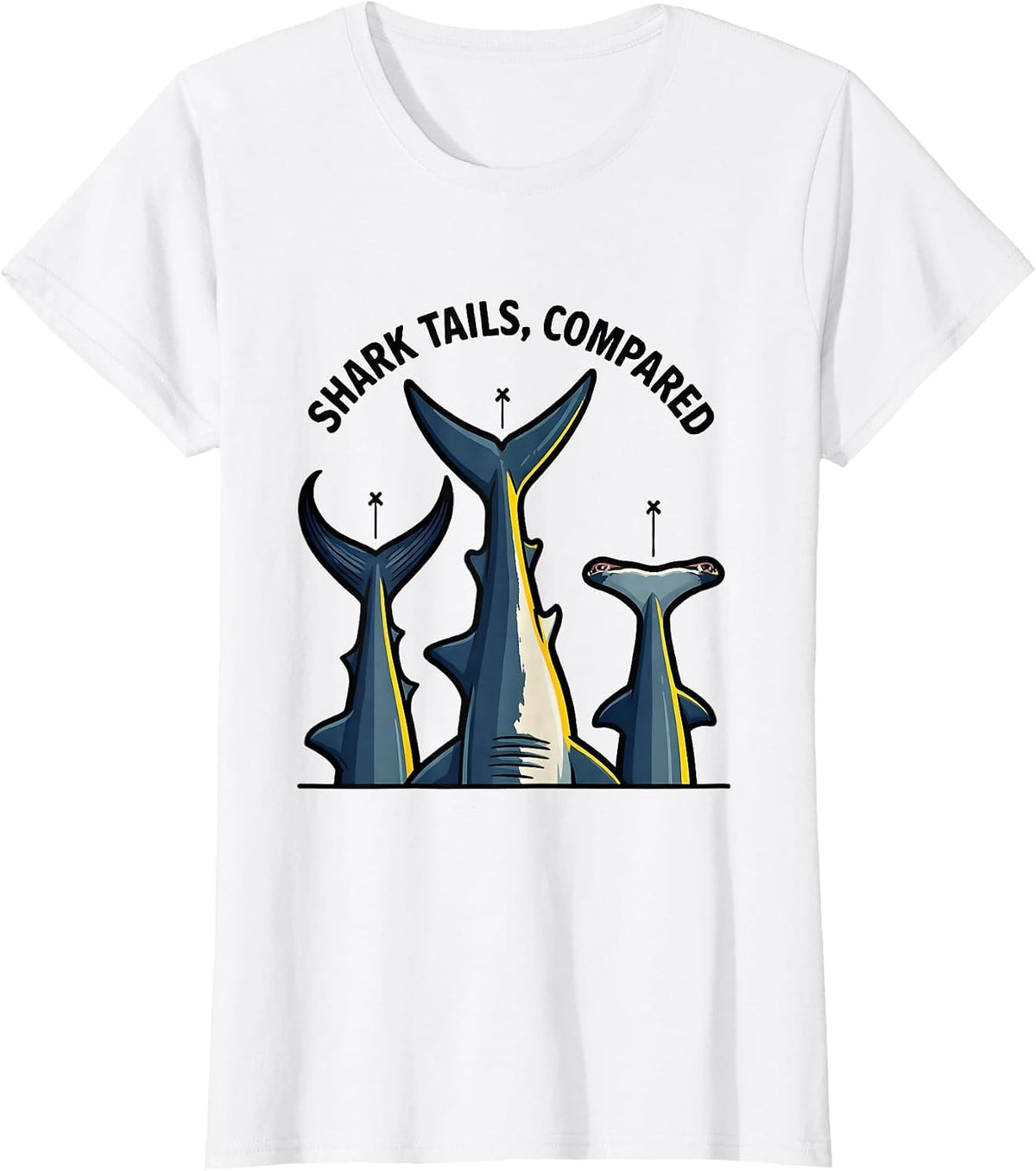 Women's Shark Tails Compared Cartoon Great White Thresher Hammerhead T-Shirt - White