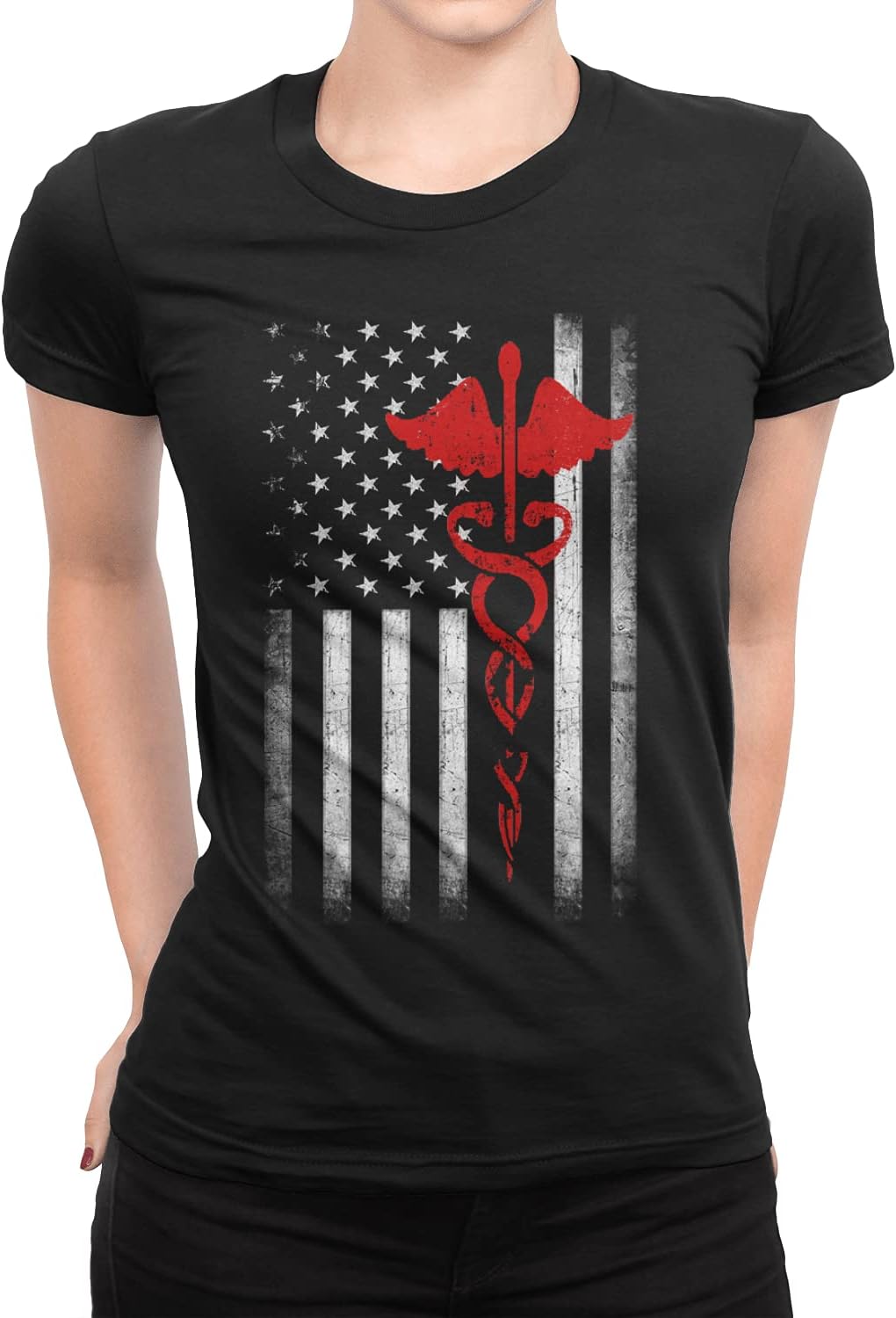 Ladies USA Flag Premium Ringspun Tee EMT Nurses Lives Matter Classic Fit - Black