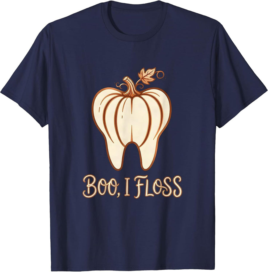 Boo I Floss Funny Dental Hygienist Boho Halloween Tooth T-Shirt - Navy Blue