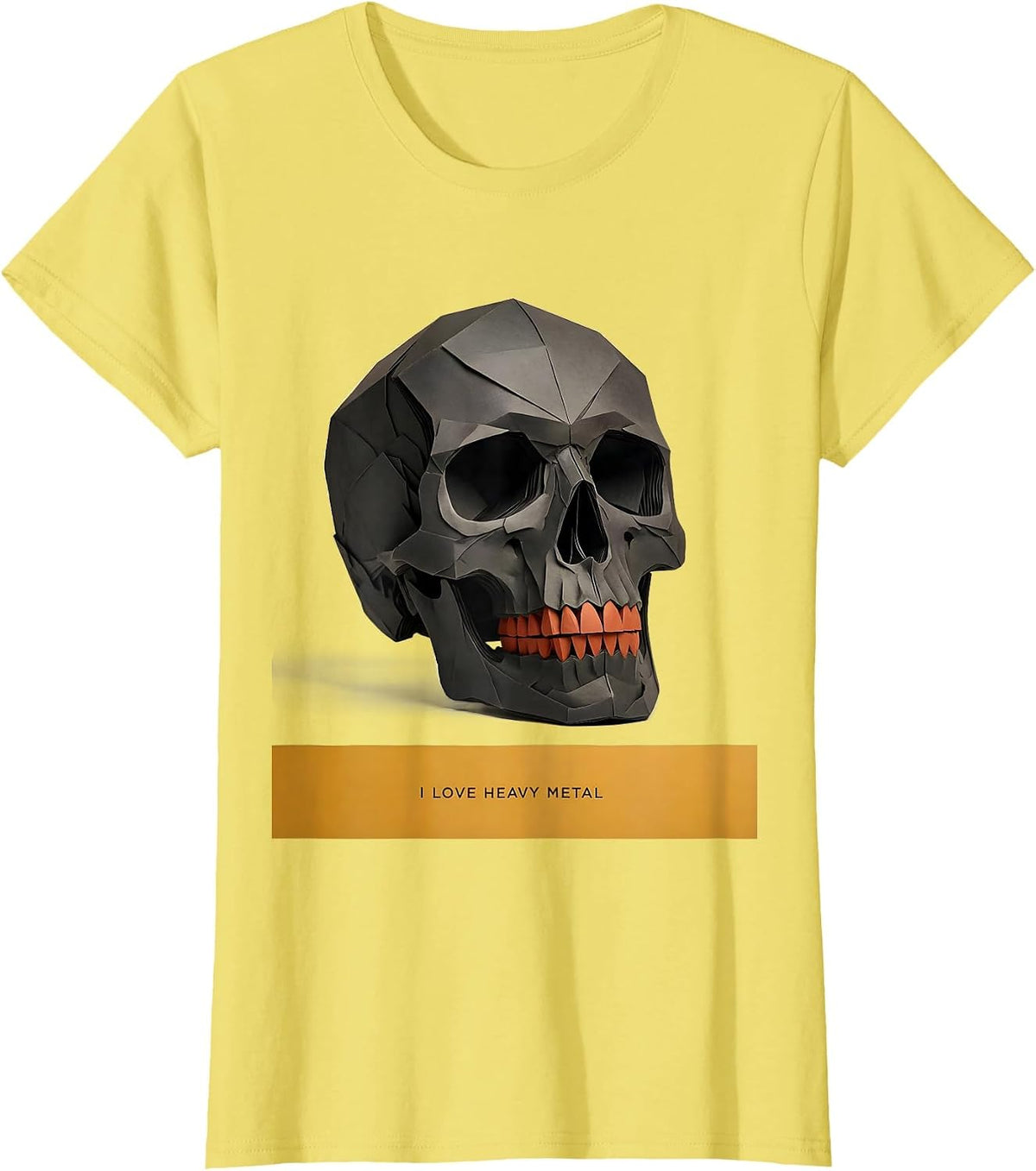 Women's I Love Heavy Metal Funny Rock Fan Skull Paper Cutout T-Shirt - Lemon Yellow