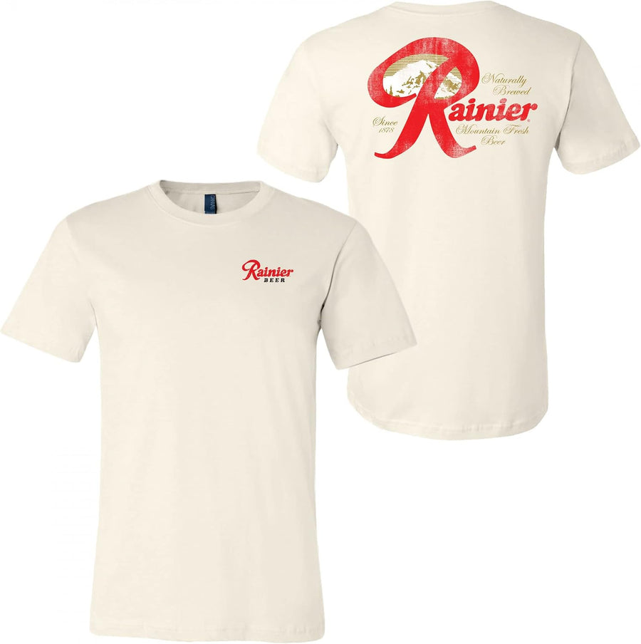 Rainier Mountain Fresh Beer Distressed Front and Back T-Shirt - As Pictured