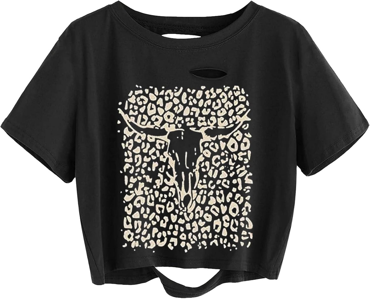 TIXOM Women Country Music Graphic Distressed Tee Shirt Sexy Ripped Short Sleeve Crop Tops - 01black-1