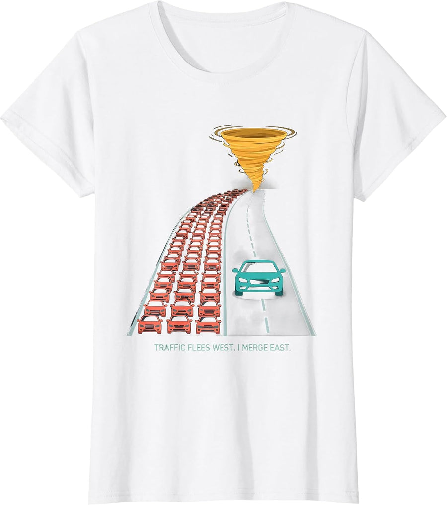 Women's Traffic Flees West I Merge East Funny Storm Chaser Tornado T-Shirt - White
