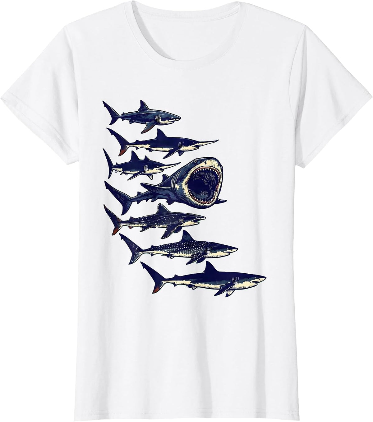 Women's Shark Species Linocut Marine Biology Ocean Lover Humor T-Shirt - White
