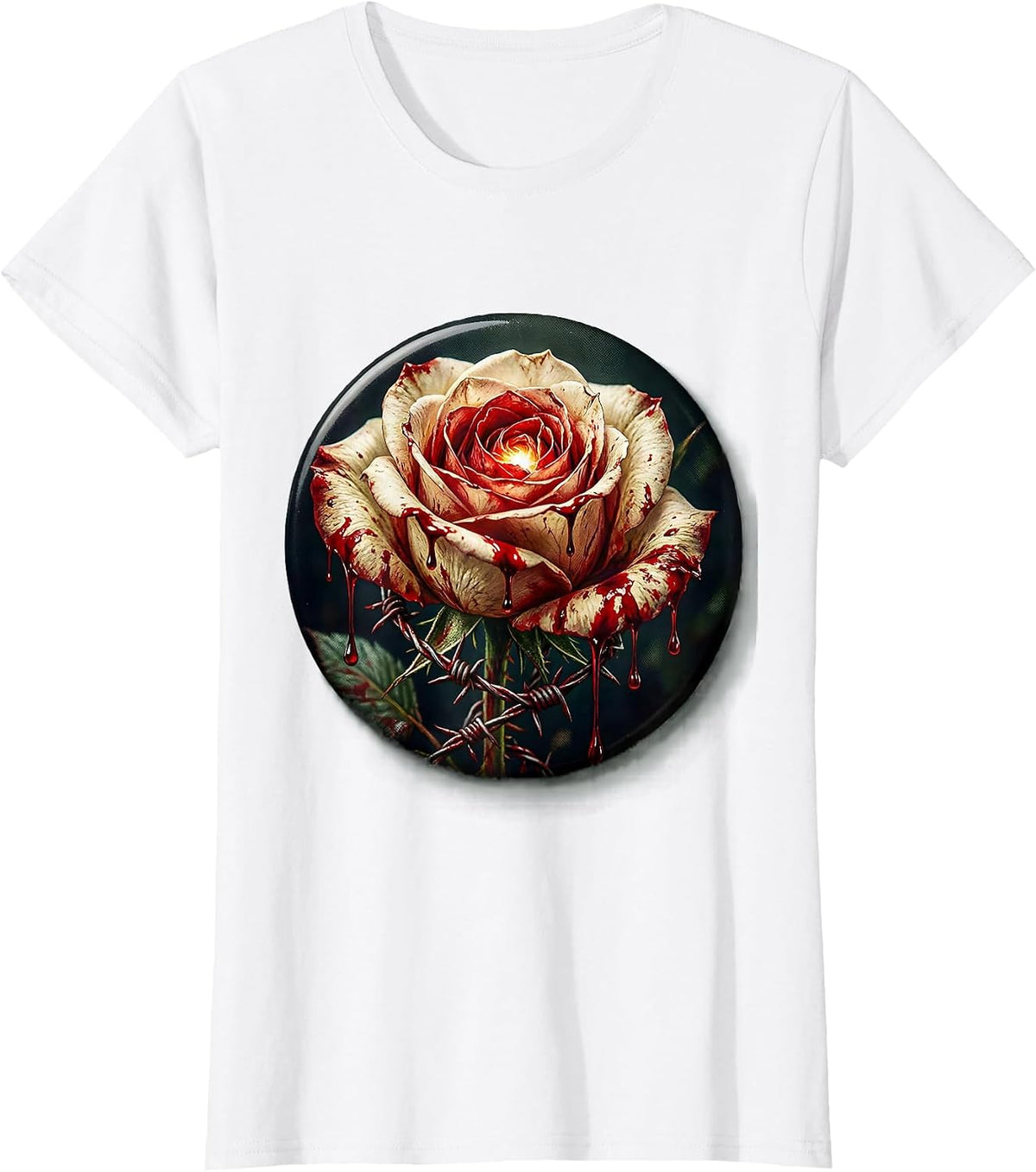 Women's Bleeding Thorned Rose Barbed Wire Dark Art T-Shirt - White
