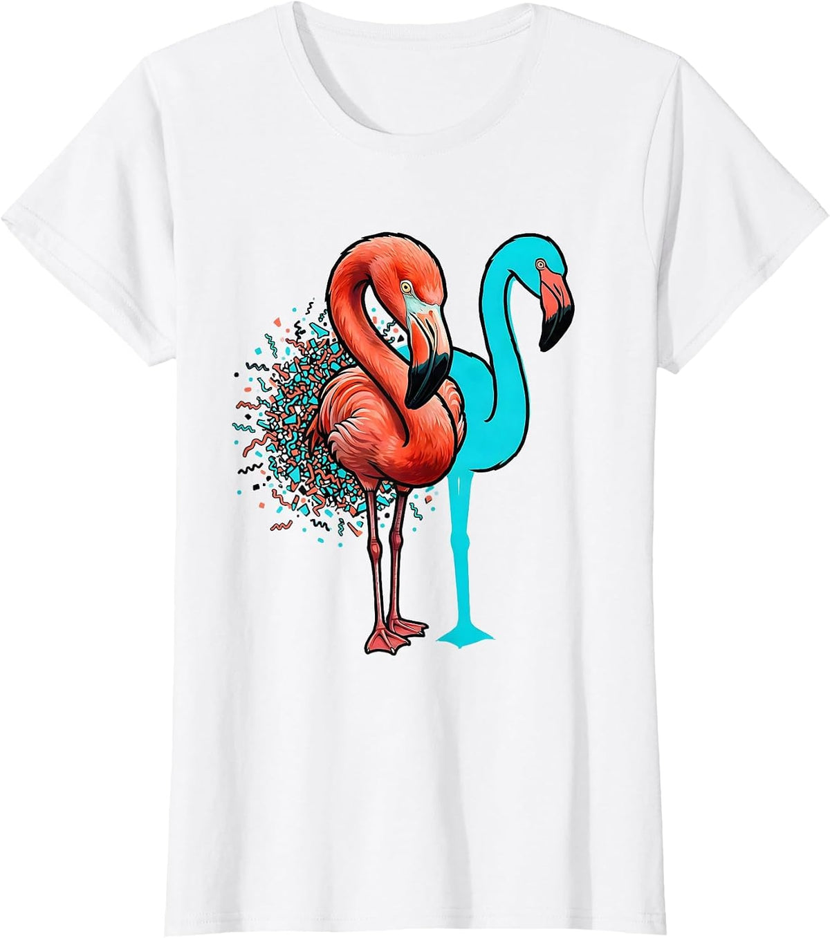 Women's Pink Flamingo Hook Gesture Memphis Postmodern Bird Lover T-Shirt - White