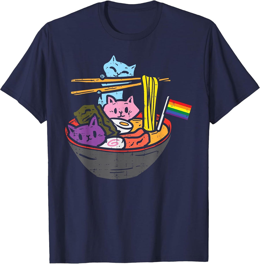 Rainbow Flag Cats Ramen Anime Gay Pride Month LGBTQ Ally T-Shirt - Navy Blue