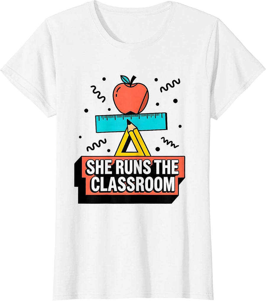 Women's She Runs the Classroom Paraprofessional Design T-Shirt - White