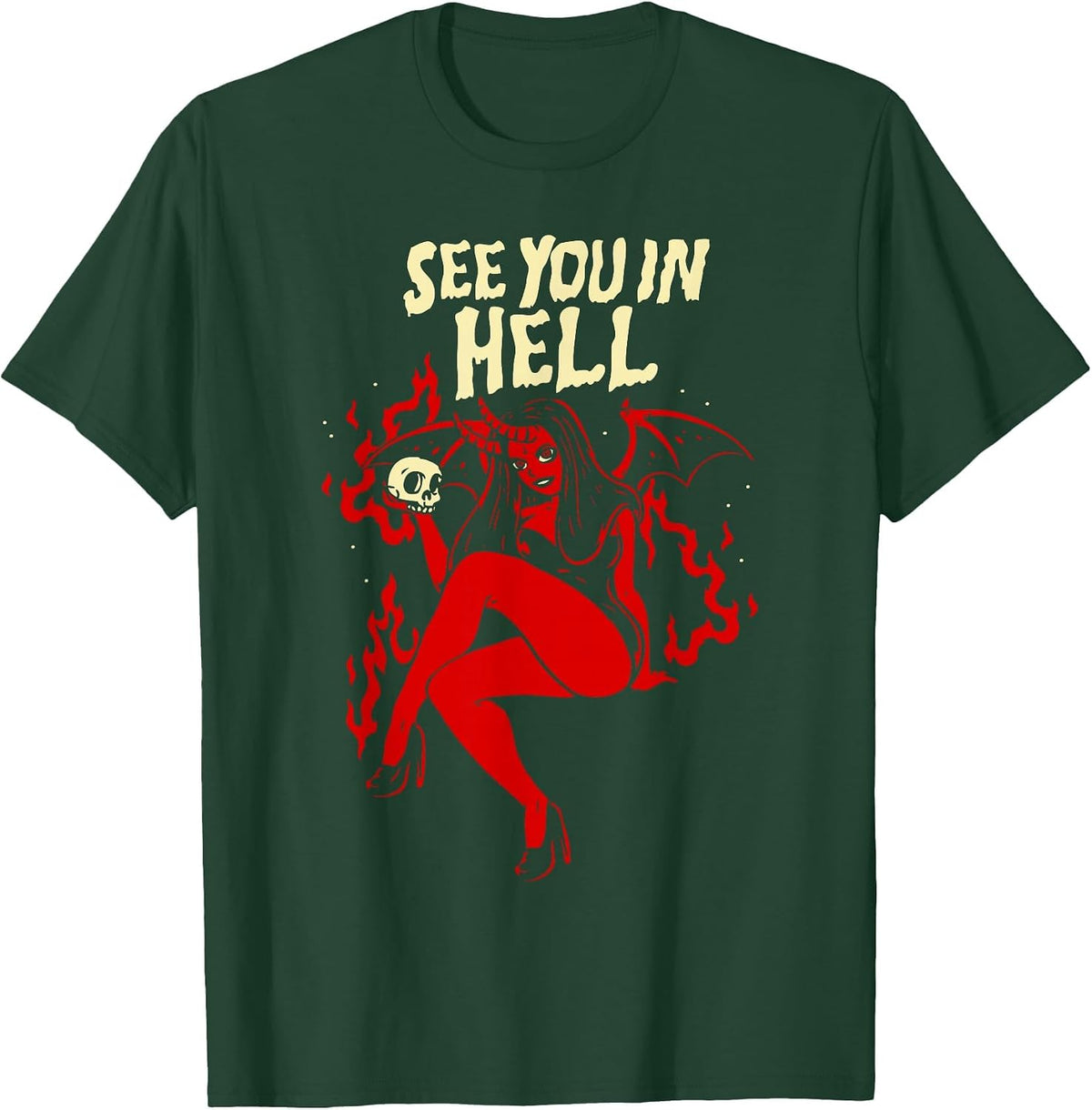 Horror Art - Sexy Goth Girl Succubus - Psychobilly Punk Art T-Shirt - Dark Green