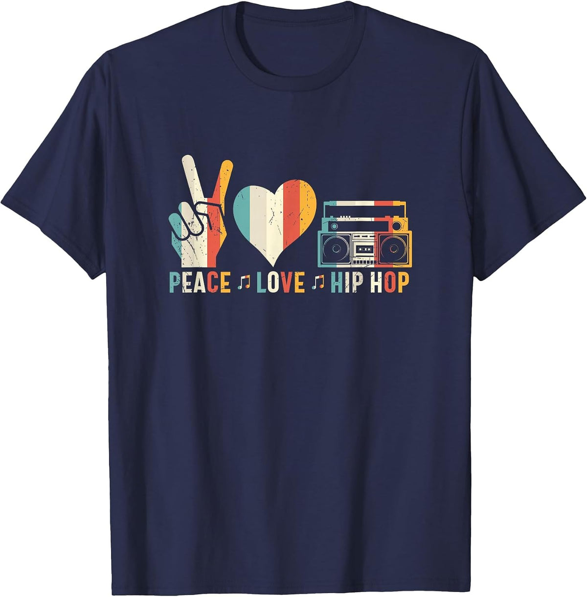 Peace Love Hip Hop, Retro Vintage, Music Lover Design T-Shirt - Navy Blue