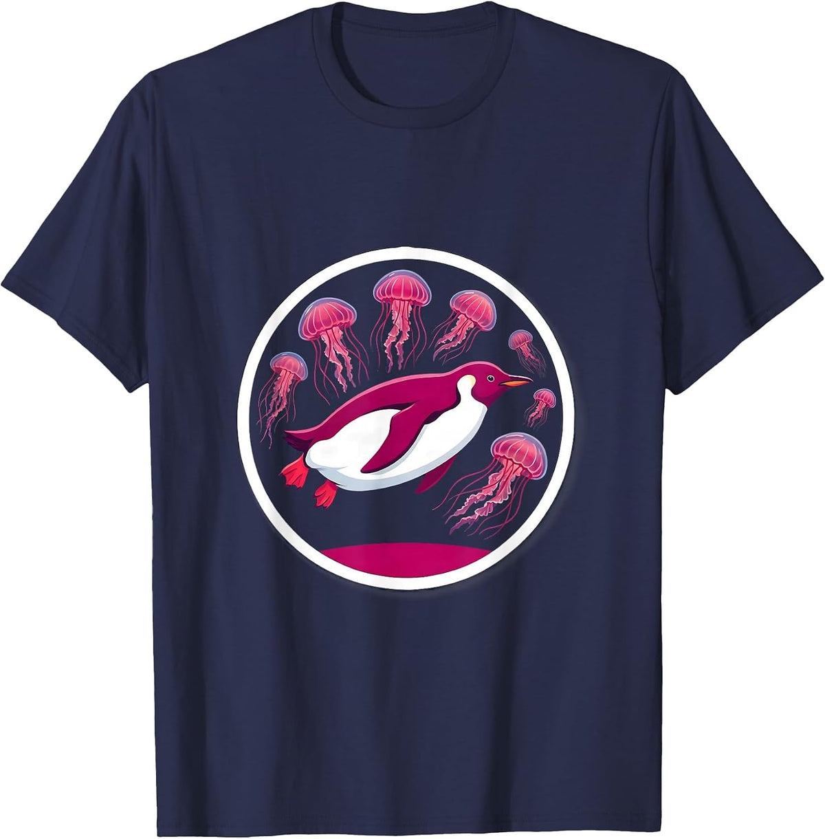 Men's Penguin Deep Sea Diving Glowing Jellyfish Art T-Shirt - Navy Blue