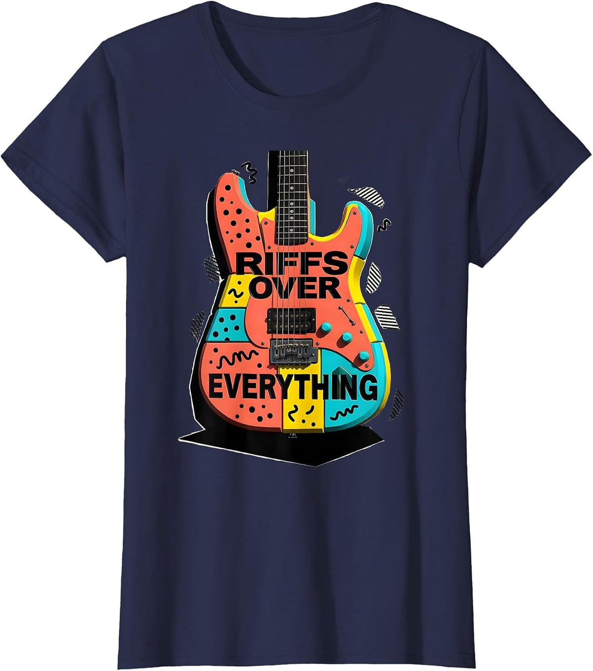 Women's Riffs Over Everything Metal Band Graphic Design T-Shirt - Navy Blue