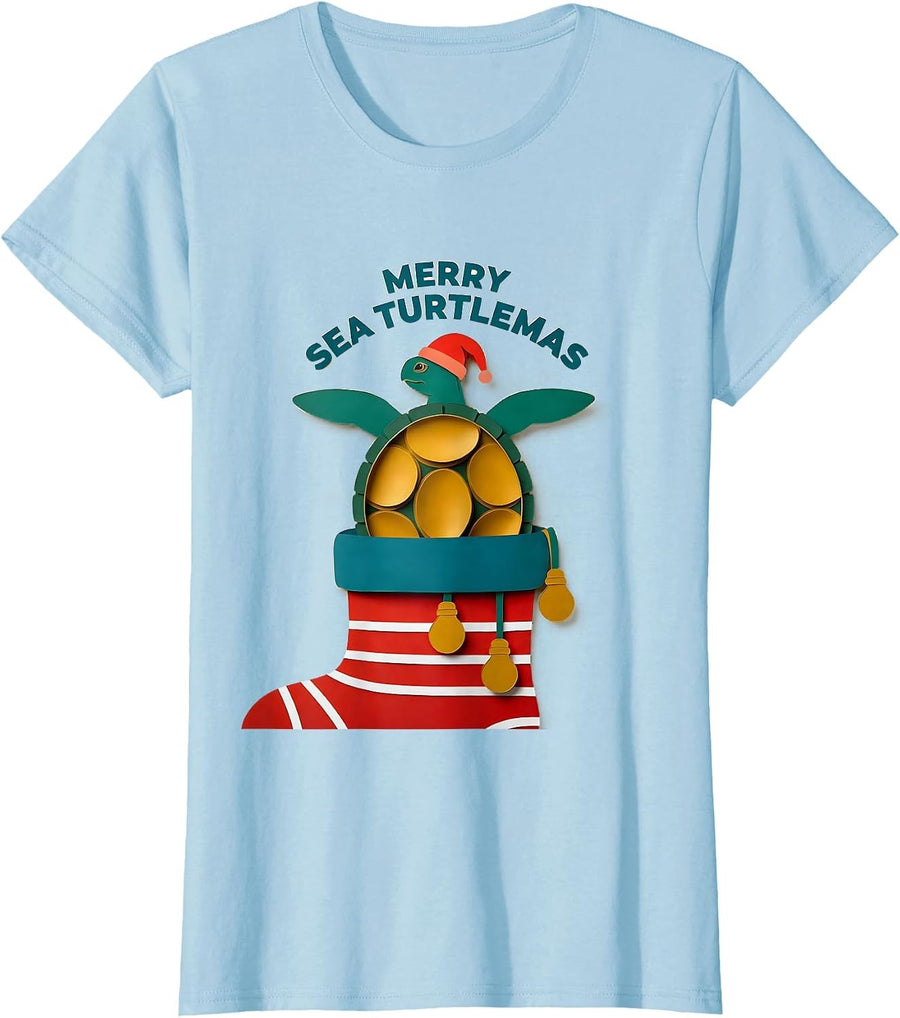 Women's Merry Sea Turtlemas Paper Cutout Sea Turtle Lover Holiday T-Shirt - Baby Blue