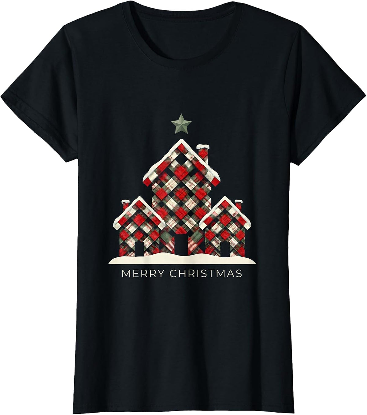 Women's Merry Christmas Geometric Buffalo Plaid Family Matching T-Shirt - Black