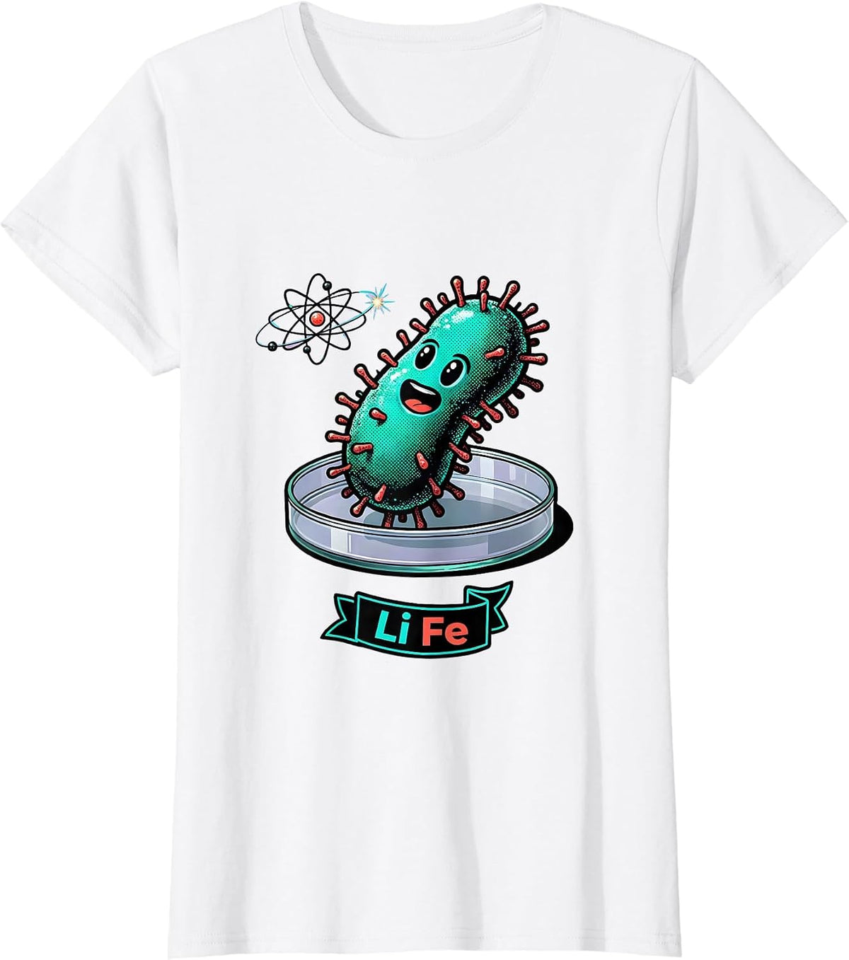 Li Fe Rounded Cartoon Microbe Science Humor Chemistry Nerd T-Shirt - White