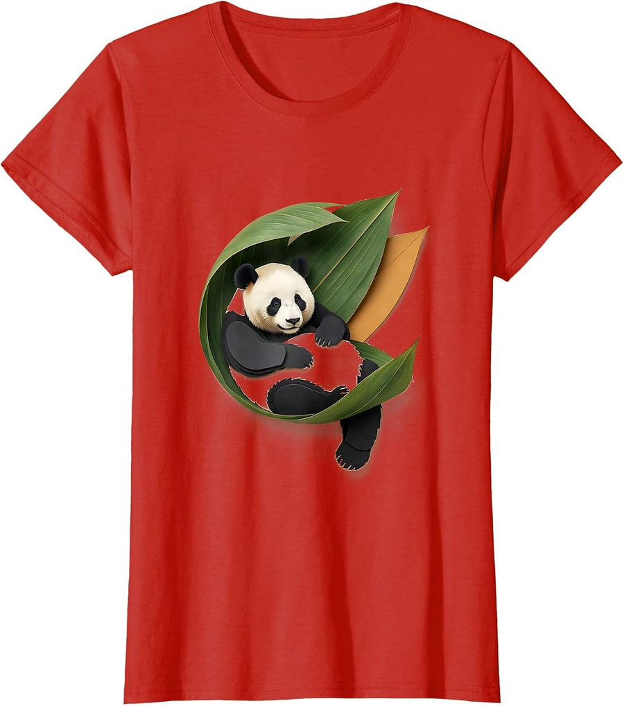 Women's Panda In Bamboo Leaf Paper Cutout Funny Animal Lover T-Shirt - Red