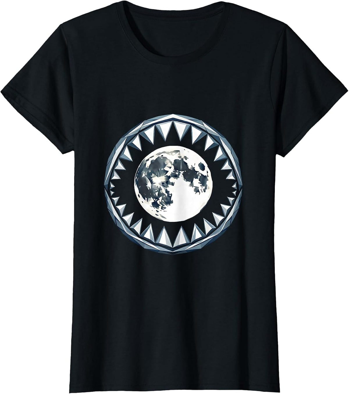 Women's Shark Jaw Full Moon Graphic Design T-Shirt - Black