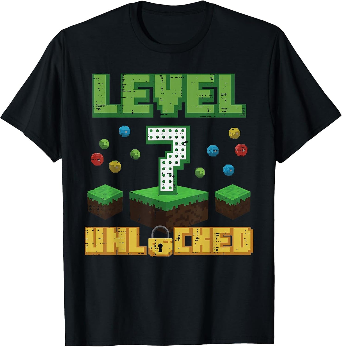 Level 7 Unlocked Pixel Gamer 7th Birthday Gaming Boys Kids T-Shirt - Black