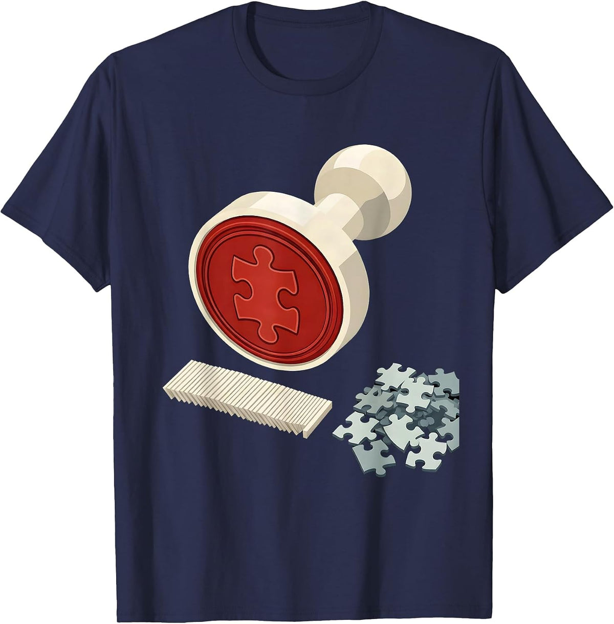 Puzzle Stamp Editorial Conceptual Jigsaw Puzzle Lover T-Shirt - Navy Blue