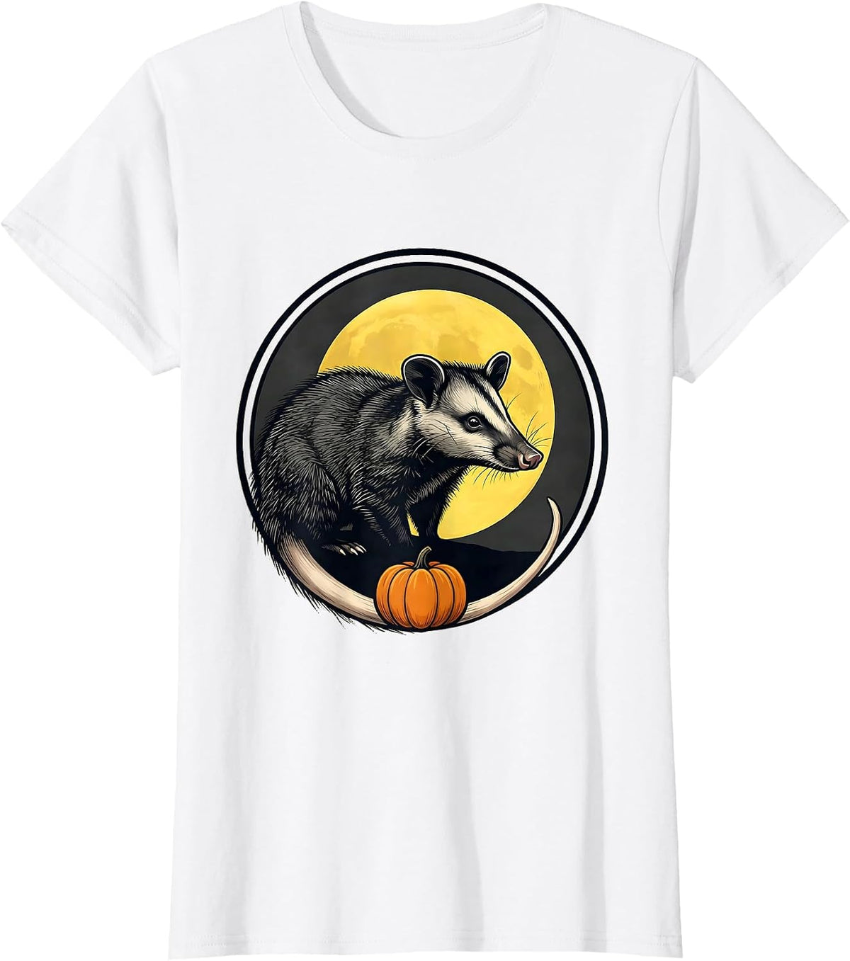 Opossum Moon Badge Spooky Halloween Novelty T-Shirt - White