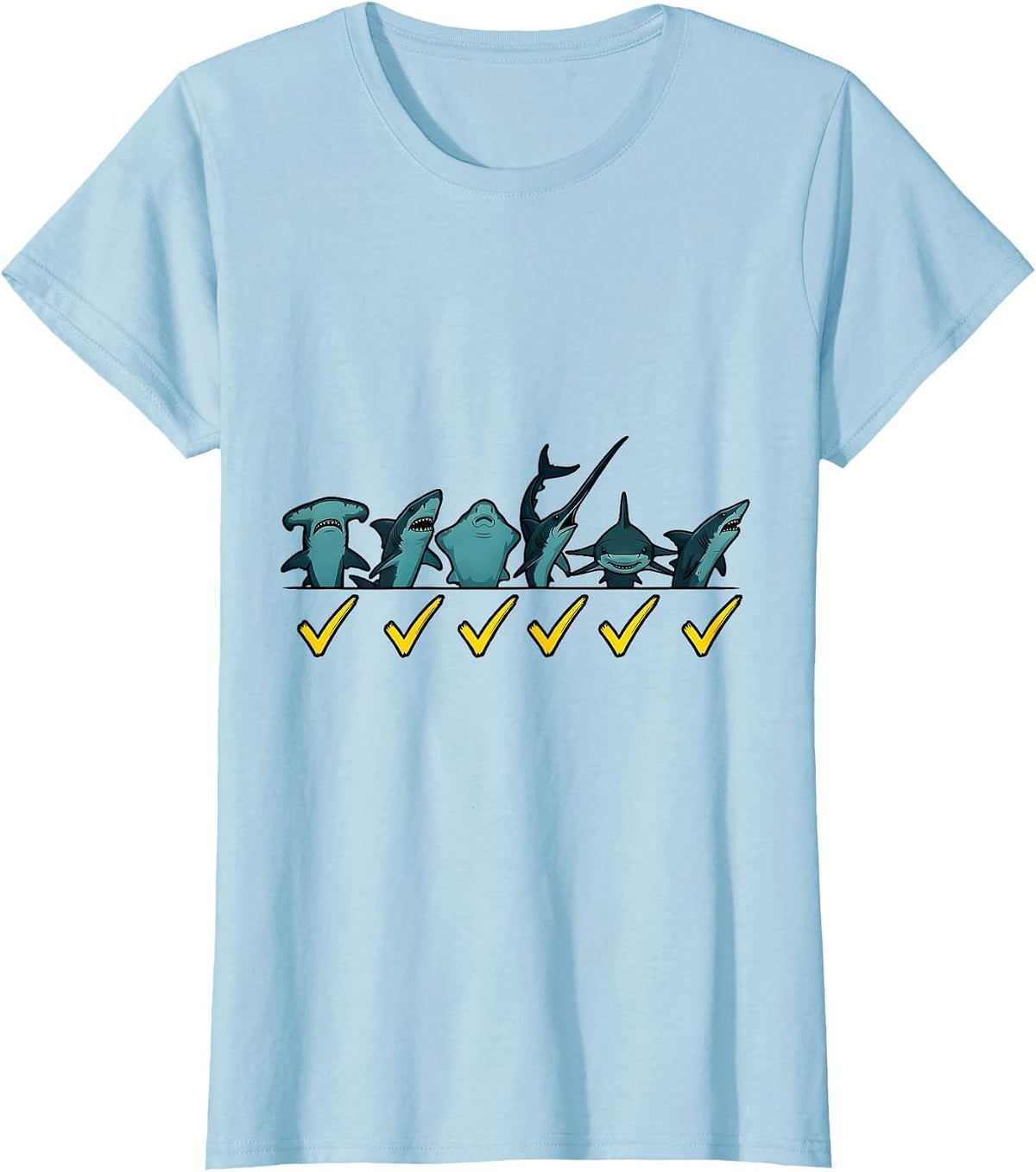 Women's Shark Species Chart Cartoon Marine Wildlife Enthusiast T-Shirt - Baby Blue