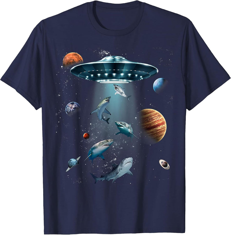 Galaxy Fish Shark Space UFO Alien Stars Sea Ocean Sharks T-Shirt - Navy Blue