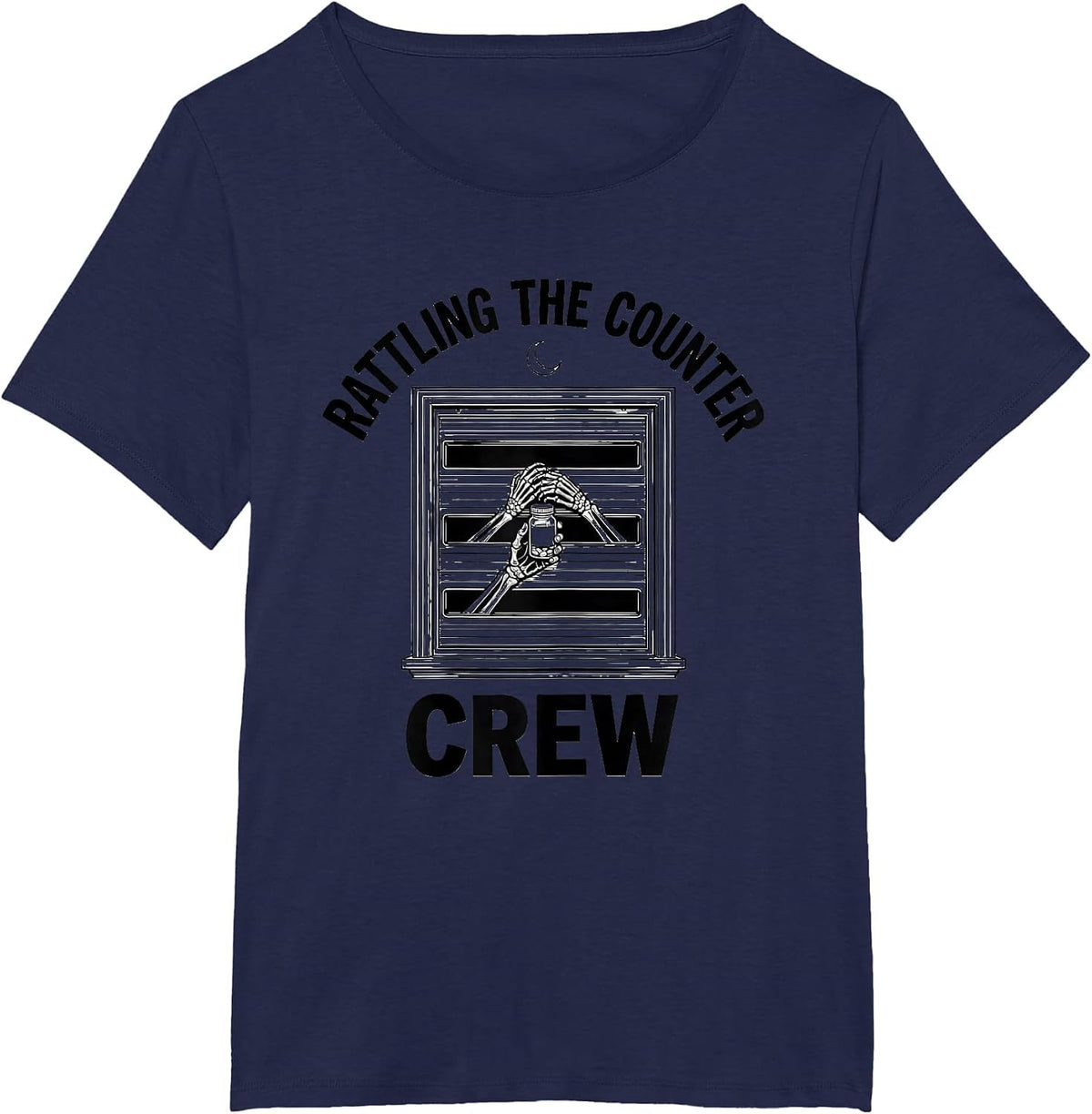 Women's Rattling The Counter Crew Funny Pharmacy Tech Skeleton T-Shirt - Navy Blue