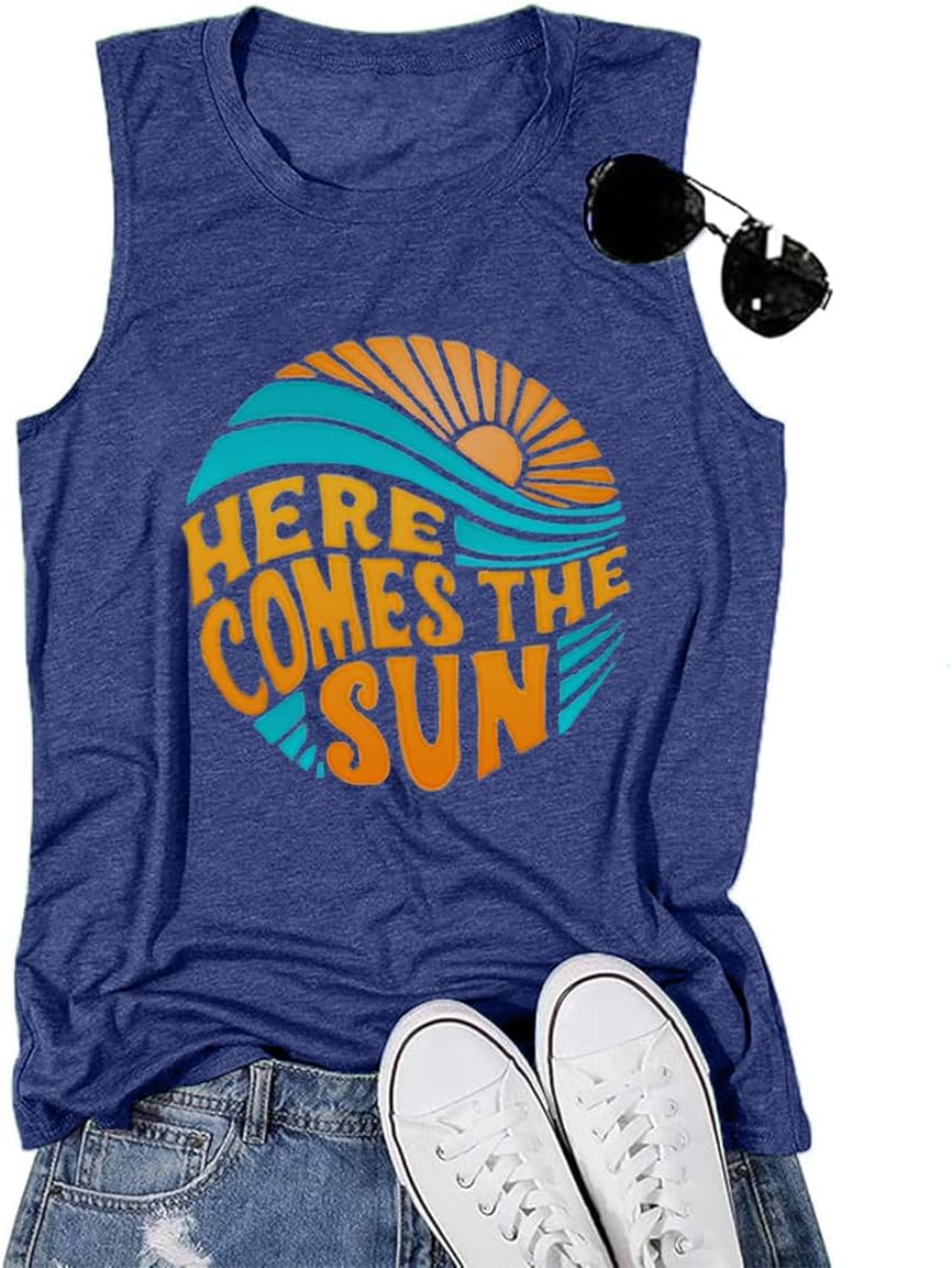 Beach Tanks Women Vacation Shirts Salt Sunshine Life Graphic Summer Tops - Navy Blue
