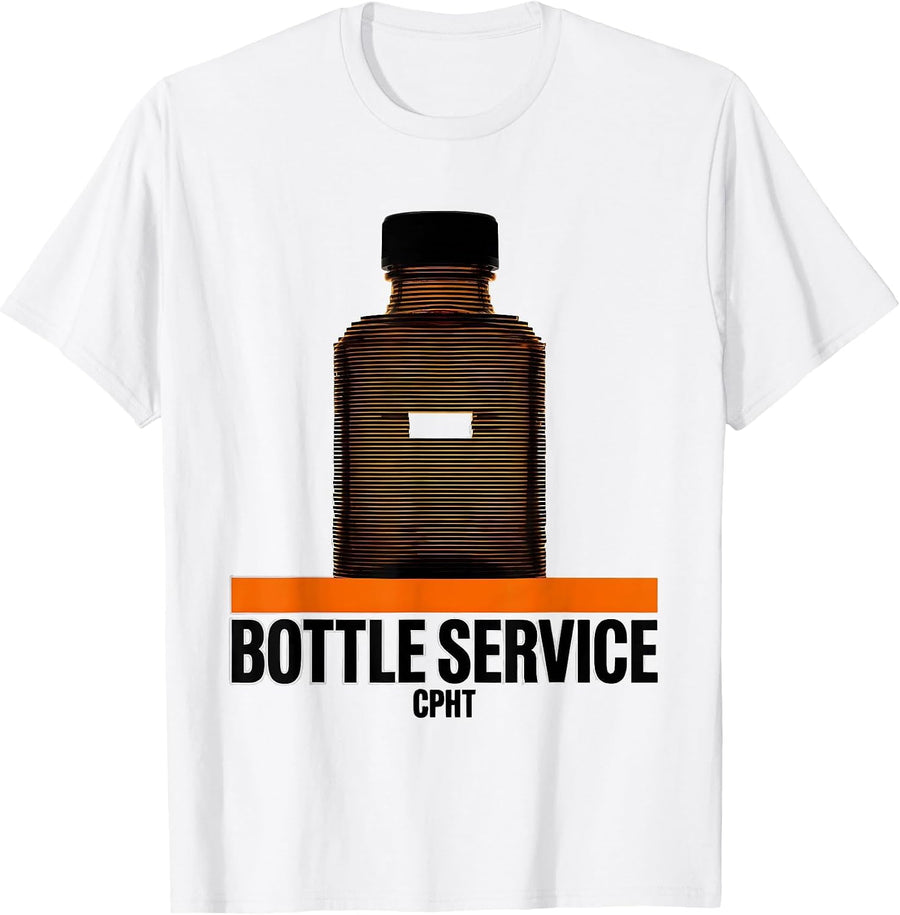 Men's Bottle Service, CPhT Brutalist Pharmacy Tech Humor T-Shirt - White