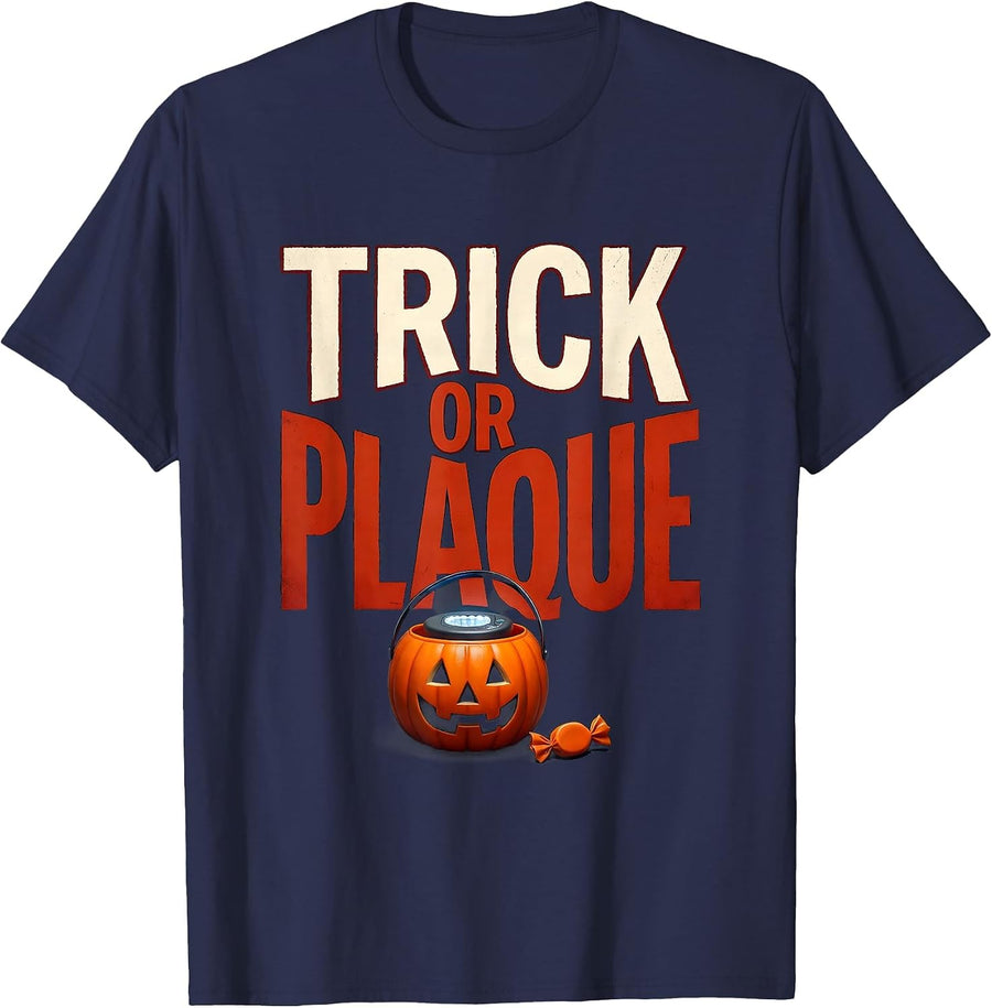 Trick Or Plaque Funny Dental Hygienist Halloween Work T-Shirt - Navy Blue
