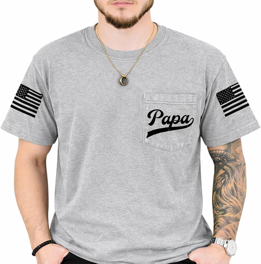 Papa Shirt, Papa Pocket T-Shirt, Papa Flag Shirt, Gift for Papa, Dad, Birthday, Father's Day, Christmas - Papa-sports Grey