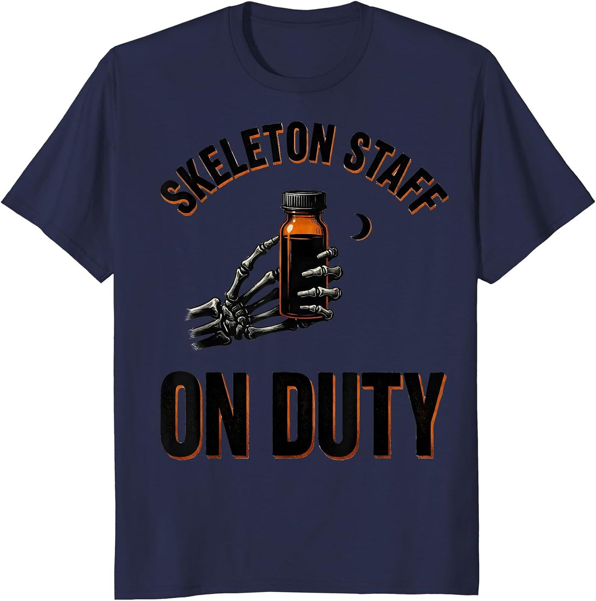 Skeleton Staff On Duty Funny Pharmacy Tech Halloween T-Shirt - Navy Blue