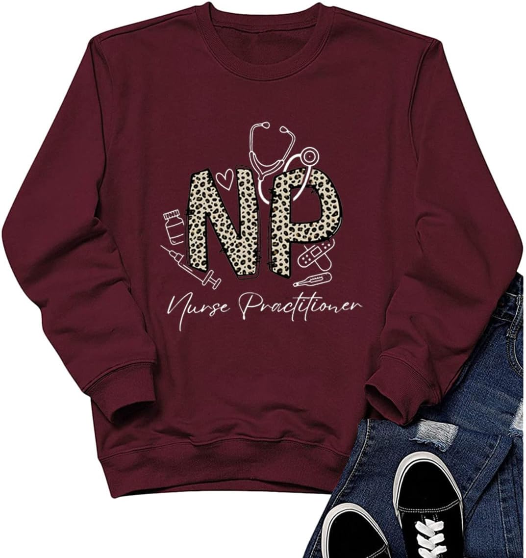 TSIIUO Funny Nurse Practitioner Sweatshirt for Women NP Nurse Life Shirts Leopard Nursing Long Sleeve Pullover Tops - Red
