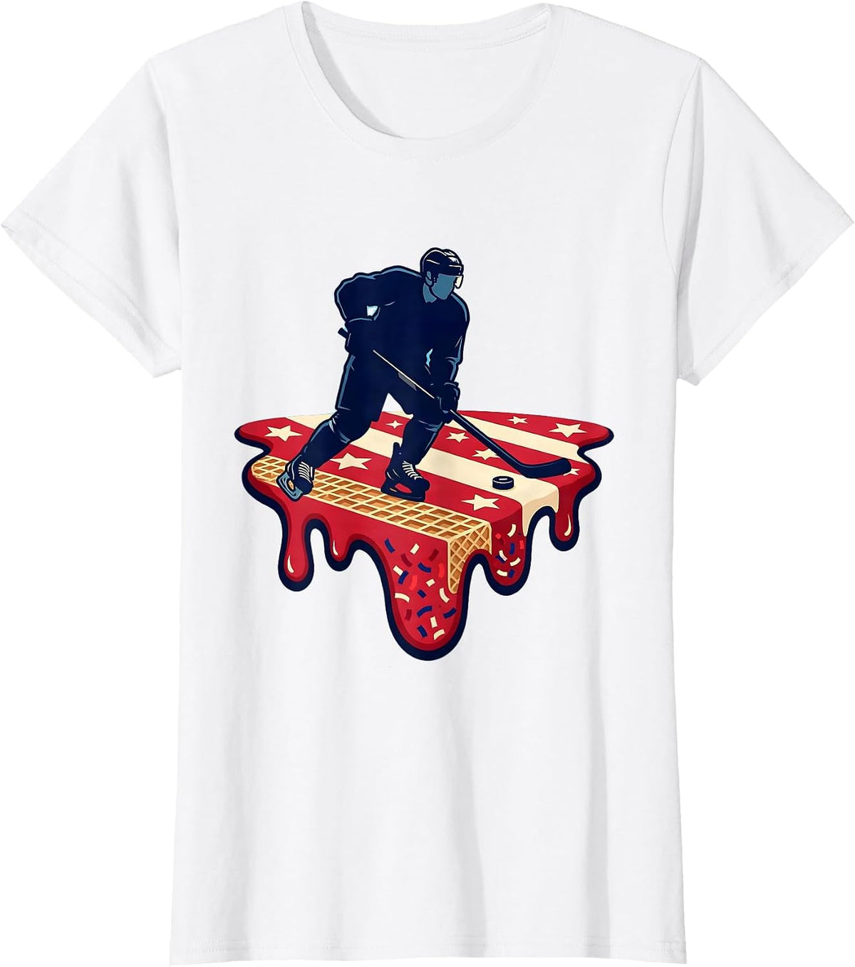 Women's Hockey Skater Ice Cream Drip Patriotic Boys 4th Of July T-Shirt - White